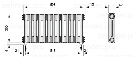 Схема (чертеж) Радиатор Zehnder Charleston 2030/13 №3570 Белый глянцевый RAL 9016